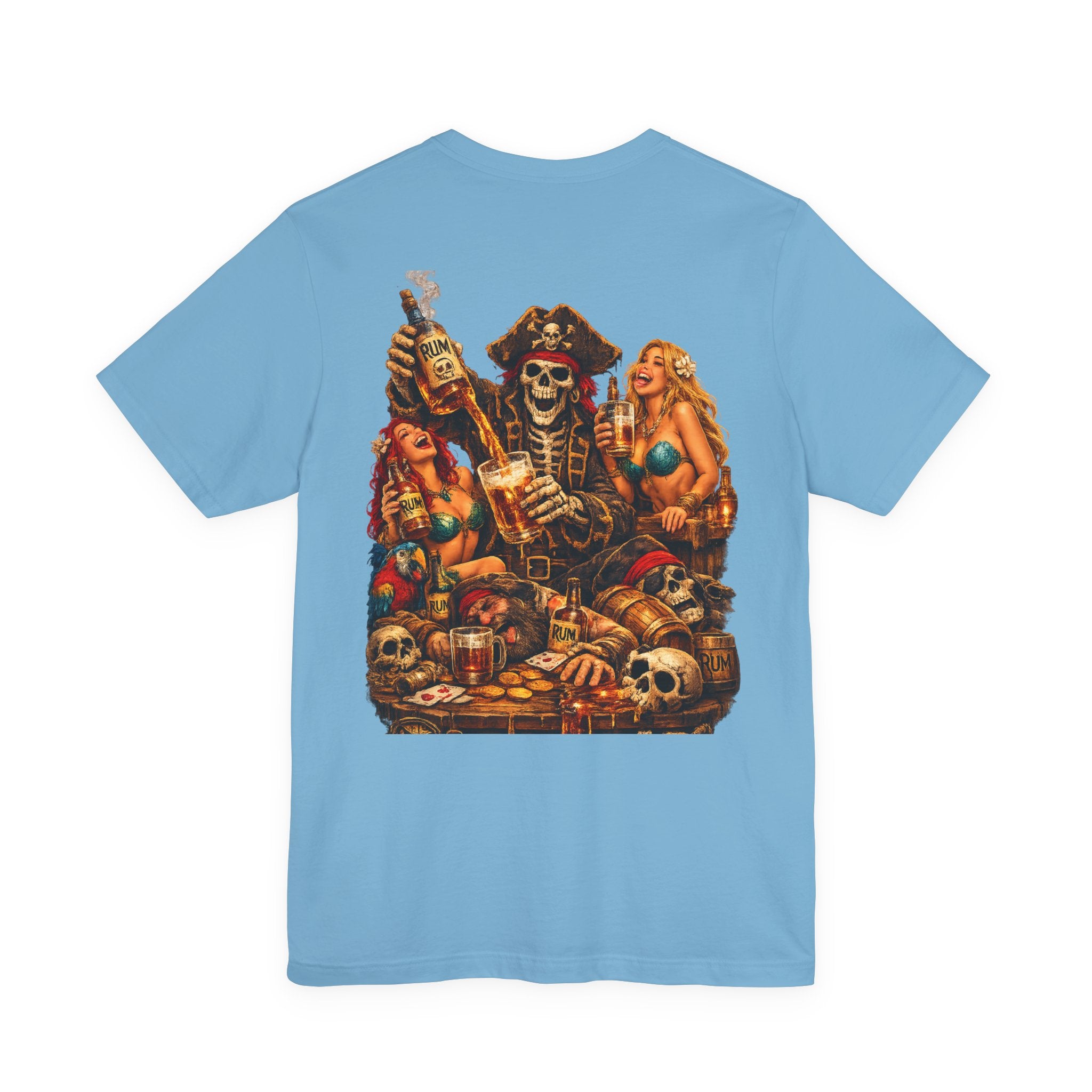 Pirate Skull Treasure Chest Tee — Skeleton Buccaneer Drinking Design