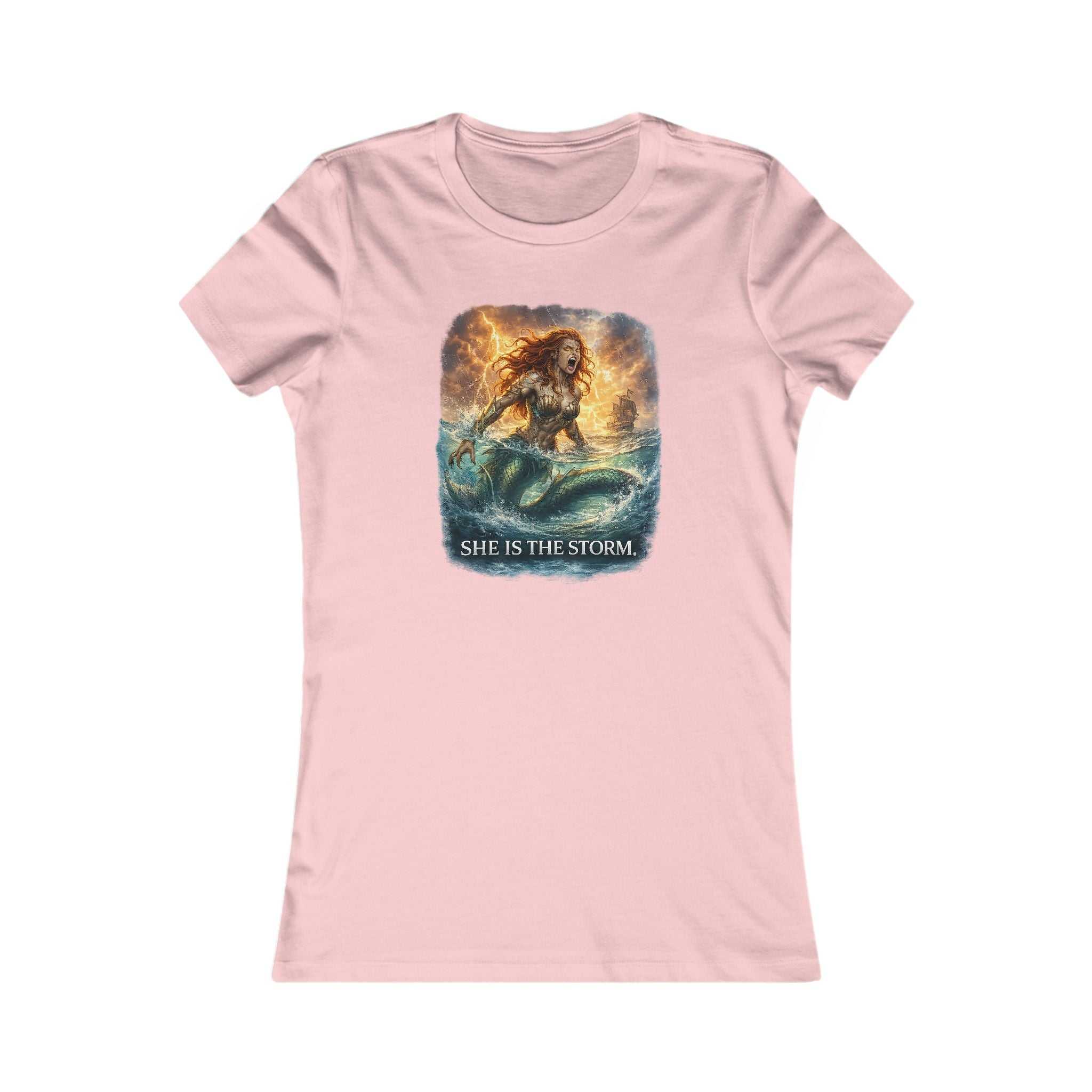 She Is The Storm women's slim-fit graphic tee with ocean warrior design and stormy waves illustration