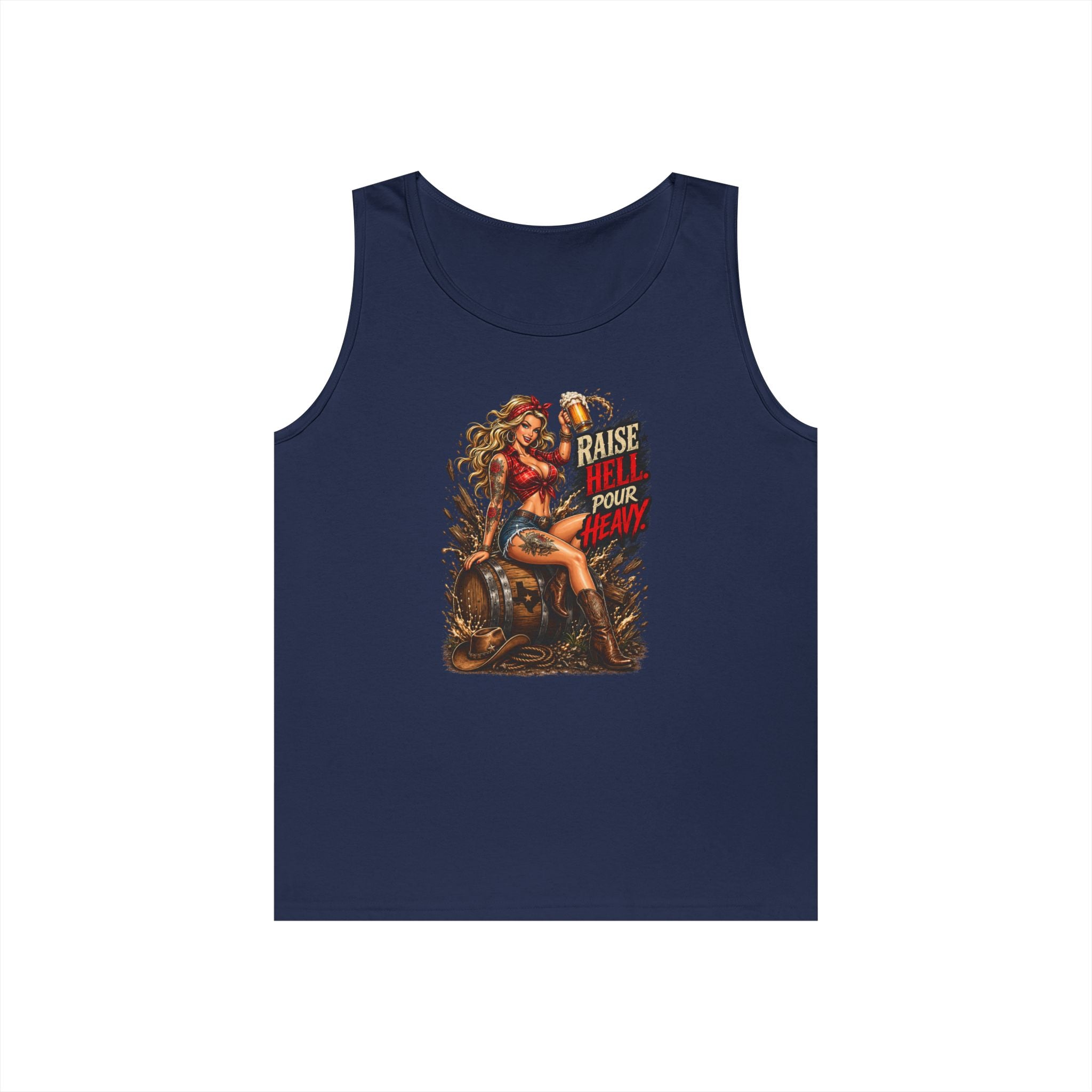 Pinup Biker Tank Top – "Raise Hell, Pour Heavy" Vintage Motorcycle Graphic