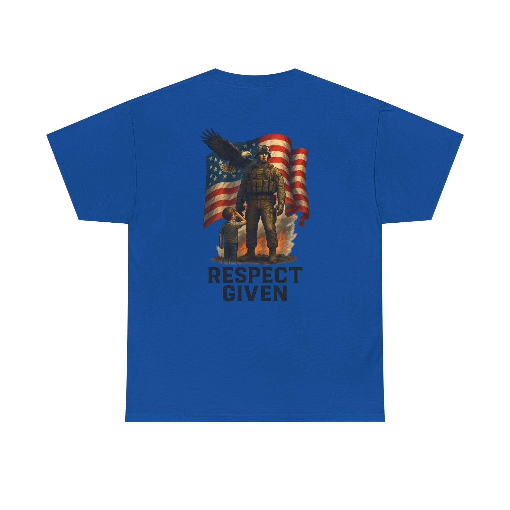 Respect Given unisex tee with soldier and American flag graphic on back and small skull emblem on chest