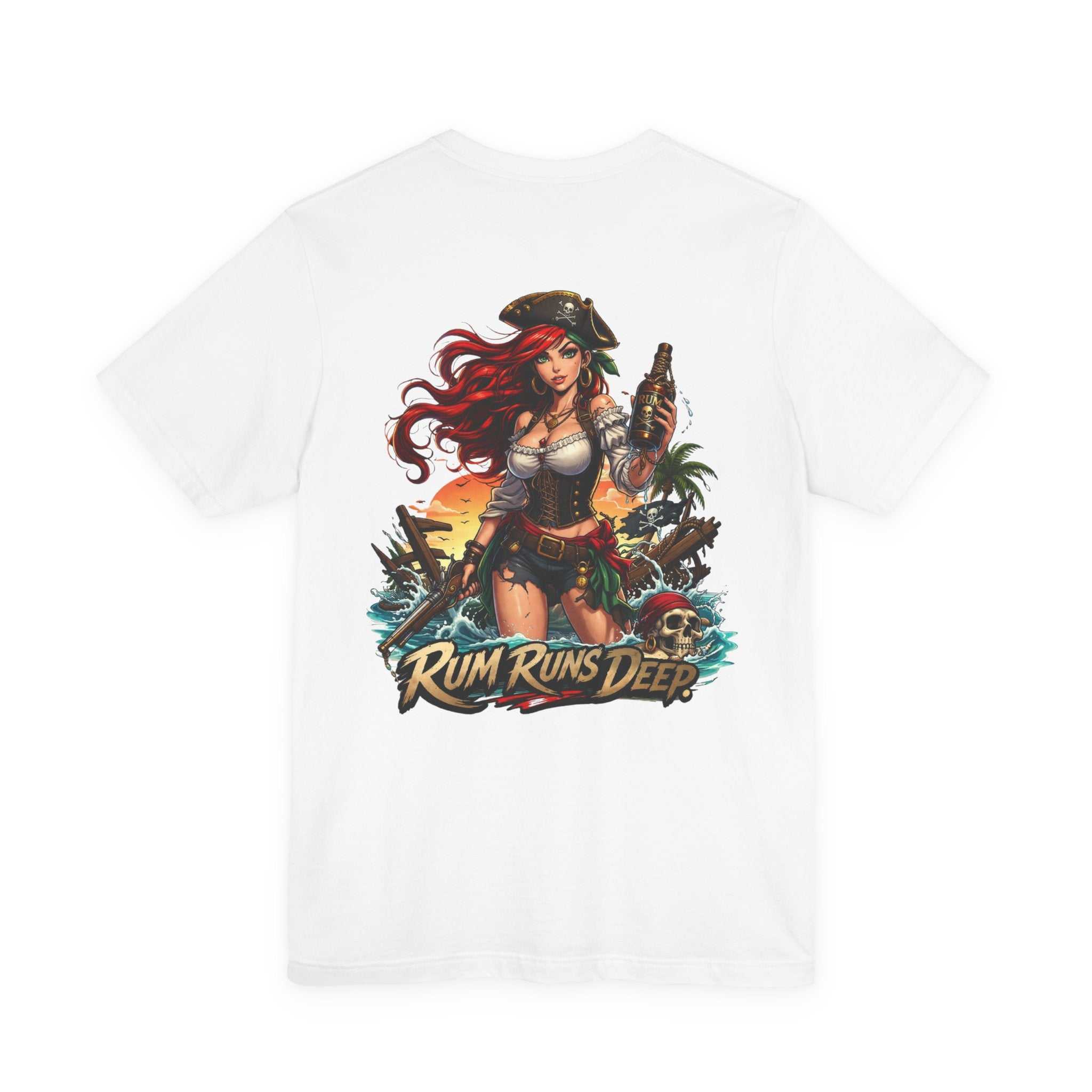 Rum Runs Deep Pirate Tee with nautical pirate design on lightweight cotton shirt