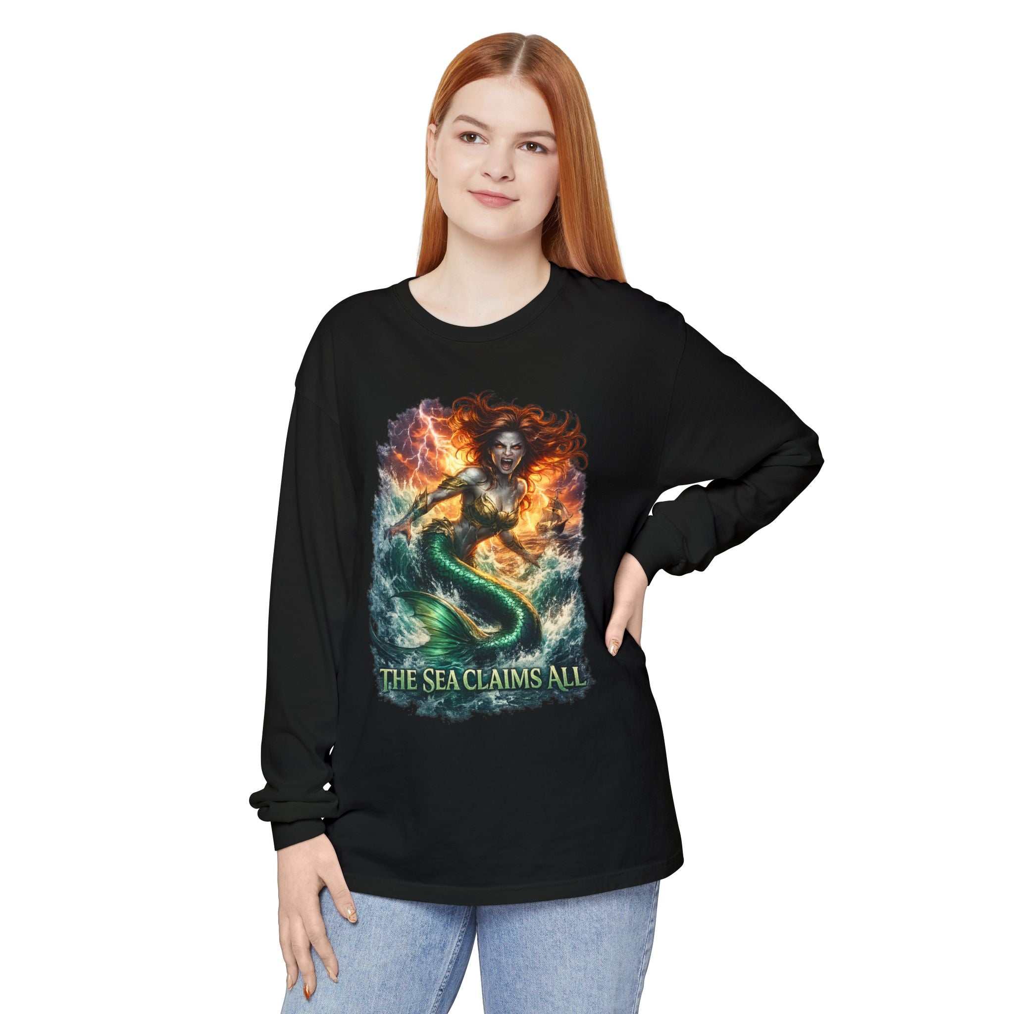 Mermaid Graphic Long Sleeve Tee — "The Sea Claims All" Nautical Fantasy Shirt