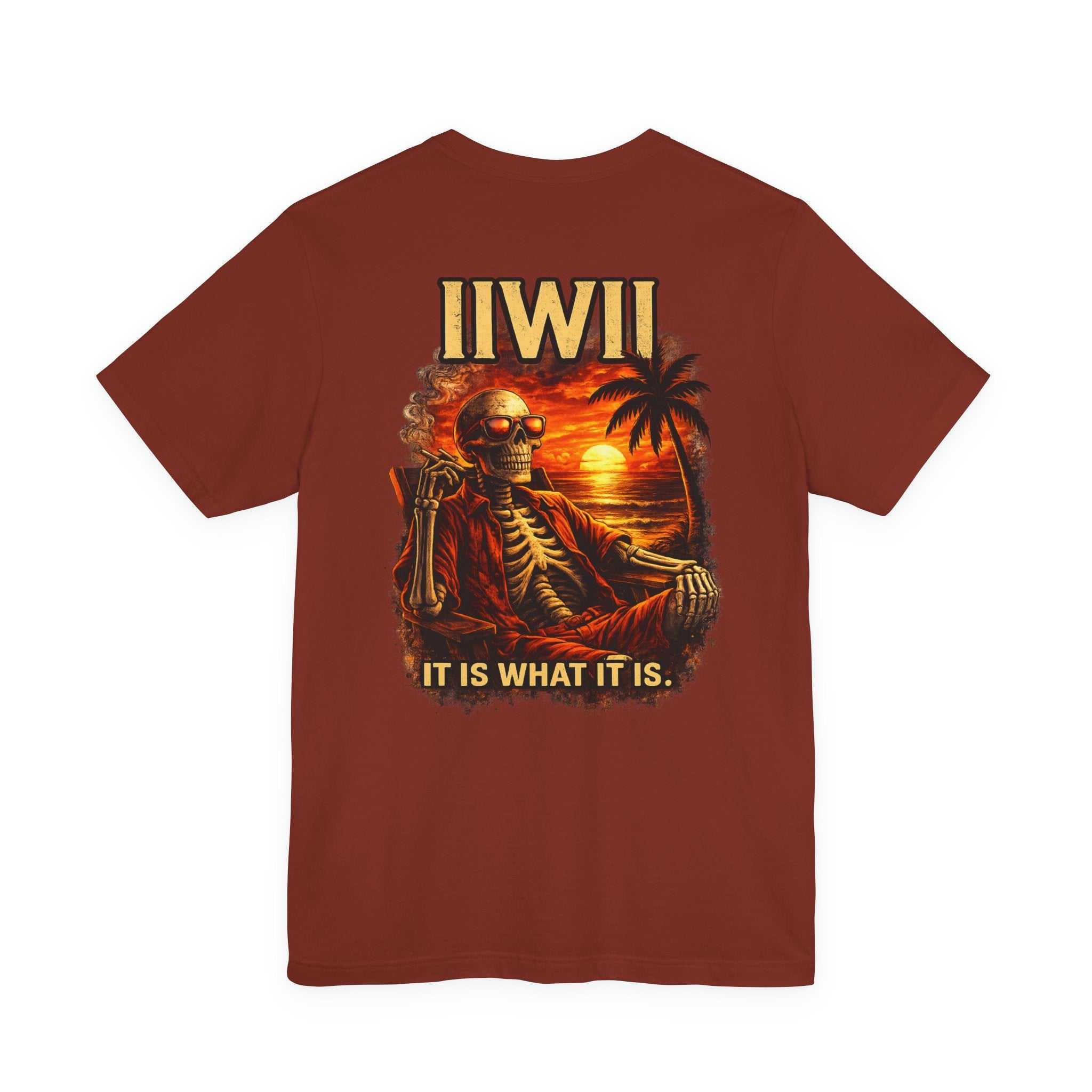 IIWI 'It Is What It Is' skeleton sunset graphic tee with vintage palm shore design on breathable cotton