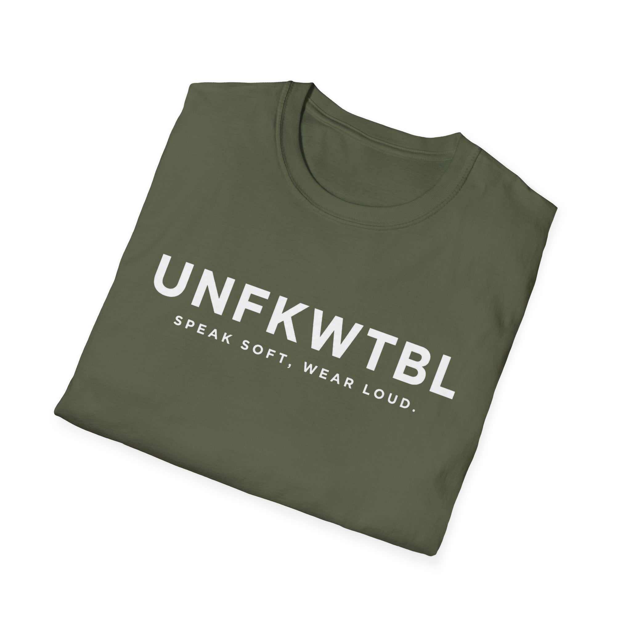 UNFKWTBL Speak Soft Wear Loud black cotton t-shirt with bold lettering and ribbed collar
