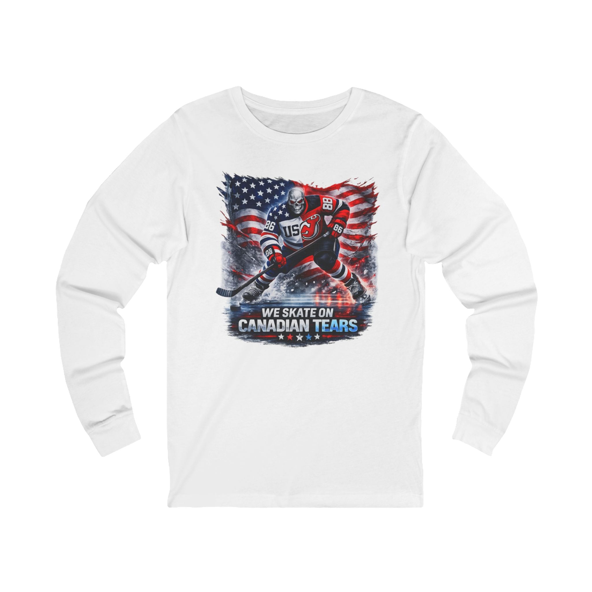Hockey Long Sleeve Tee — We Skate on Canadian Tears (USA Flag Graphic)