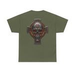 Unisex olive green Celtic Skull Tee with heritage-inspired skull and cross design on back