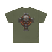 Unisex olive green Celtic Skull Tee with heritage-inspired skull and cross design on back