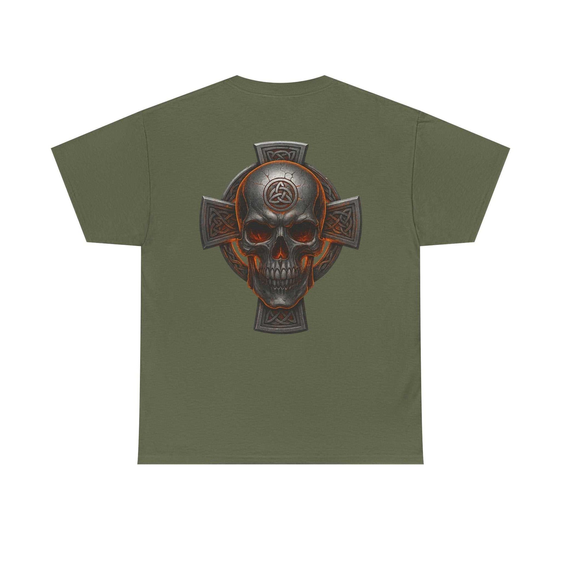 Unisex olive green Celtic Skull Tee with heritage-inspired skull and cross design on back