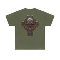 Unisex olive green Celtic Skull Tee with heritage-inspired skull and cross design on back