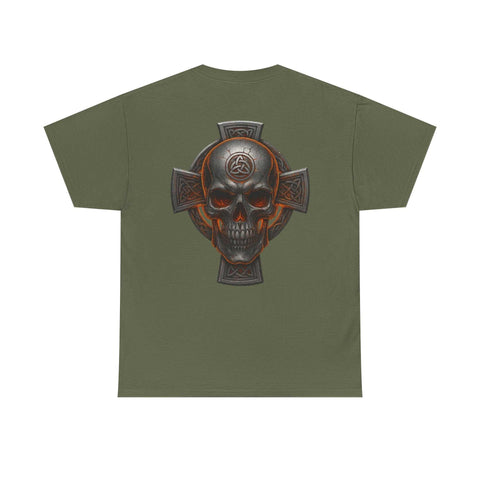 Unisex olive green Celtic Skull Tee with heritage-inspired skull and cross design on back