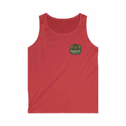 Men's Memorial Tribute Tank Top in red with military remembrance emblem, lightweight and soft summer casual wear