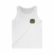 White men's memorial tribute tank top with military remembrance emblem, soft lightweight cotton casual summer wear