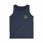 Men's Memorial Tribute Tank Top in navy blue with small military emblem, casual summer sleeveless shirt for veteran tribute and patriotic wear