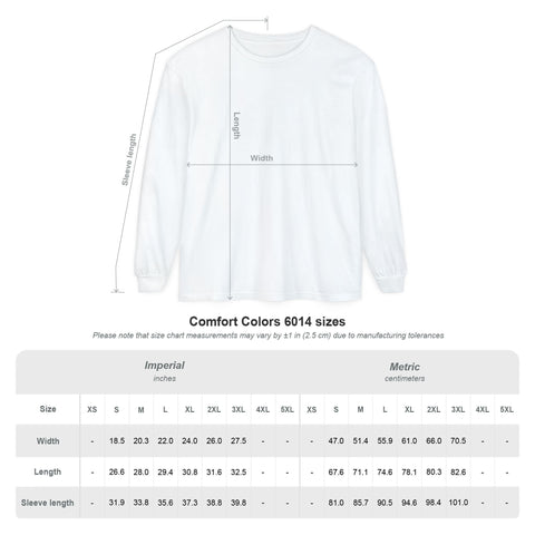 Long sleeve white t-shirt with ribbed cuffs and crew neck, showing size dimensions for width, length, and sleeve length.