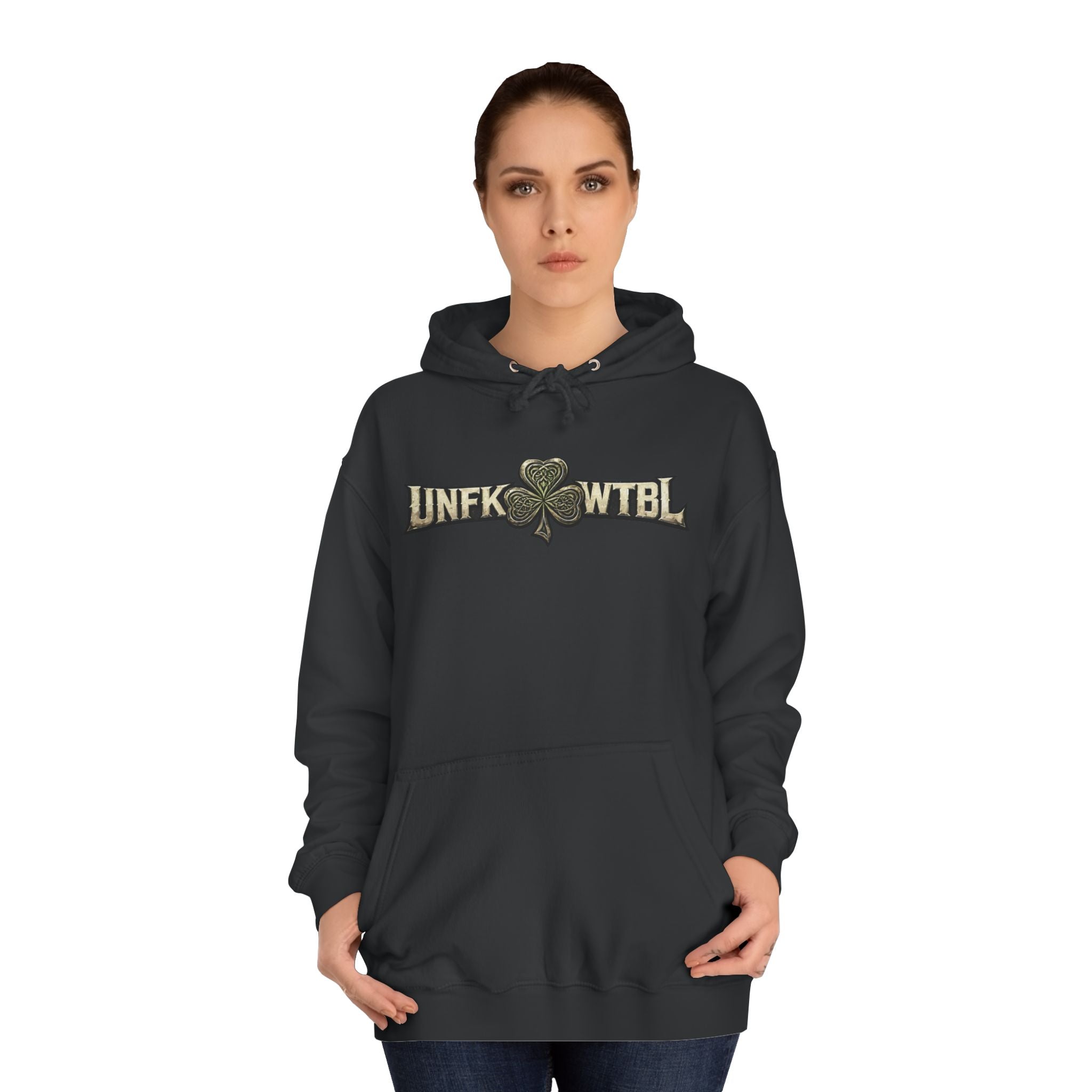 College Hoodie — 'UNFK WTB L' Vintage Shamrock Graphic