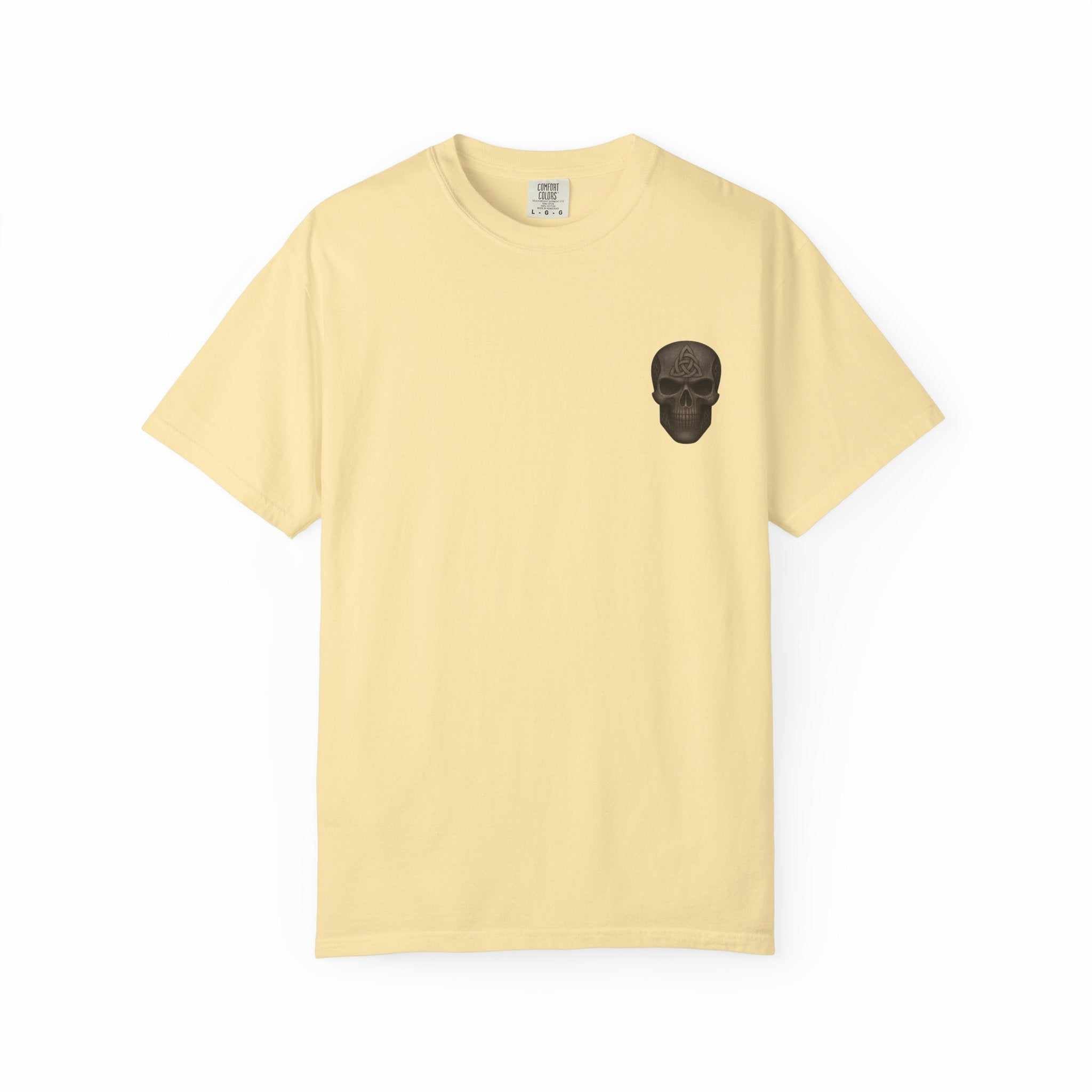 Unisex garment-dyed yellow t-shirt with small black skull design on chest, soft cotton fabric, casual style