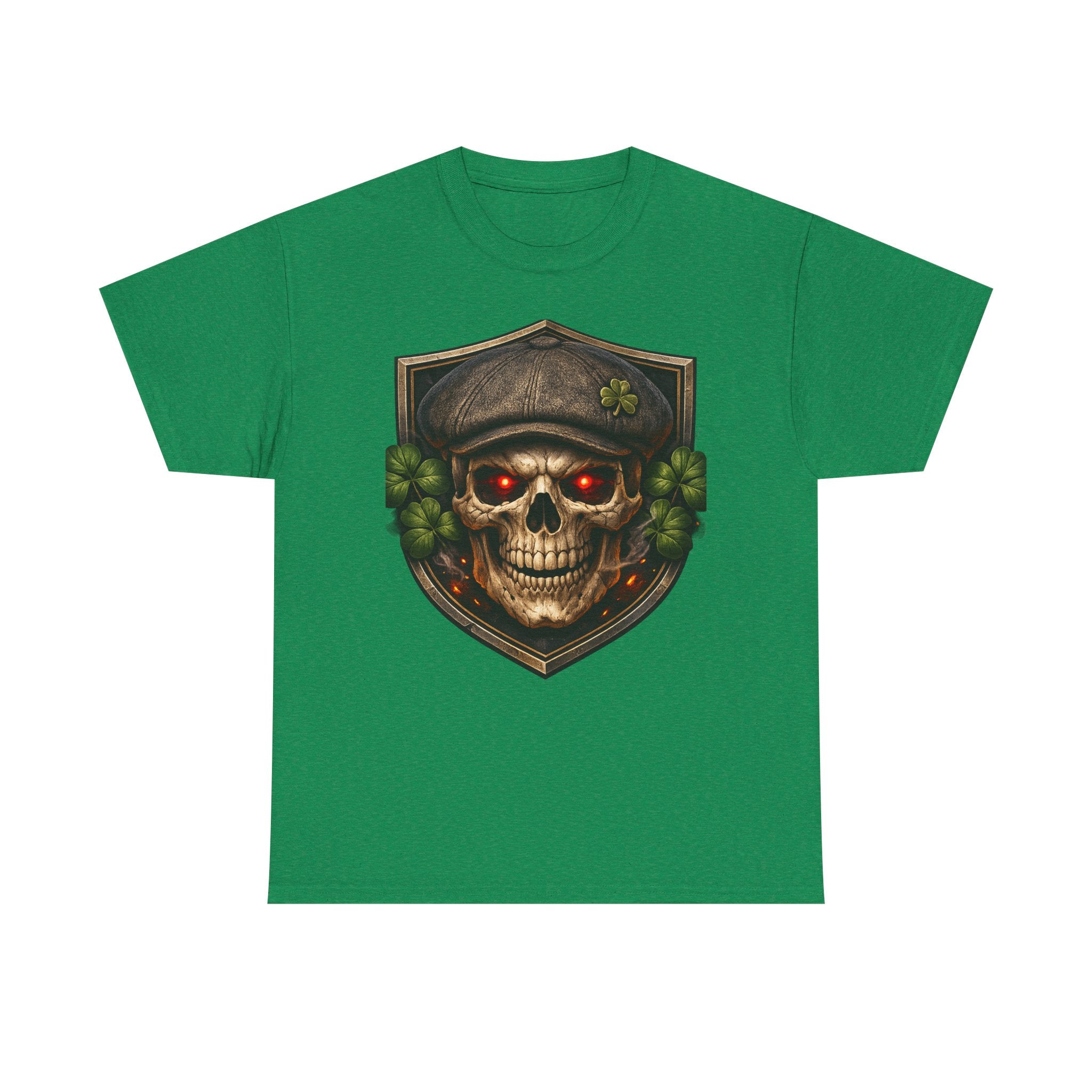 Skull & Shamrock Tee — Celtic Pirate Skull Shirt with Red-Eye Skeleton and Clover Badge
