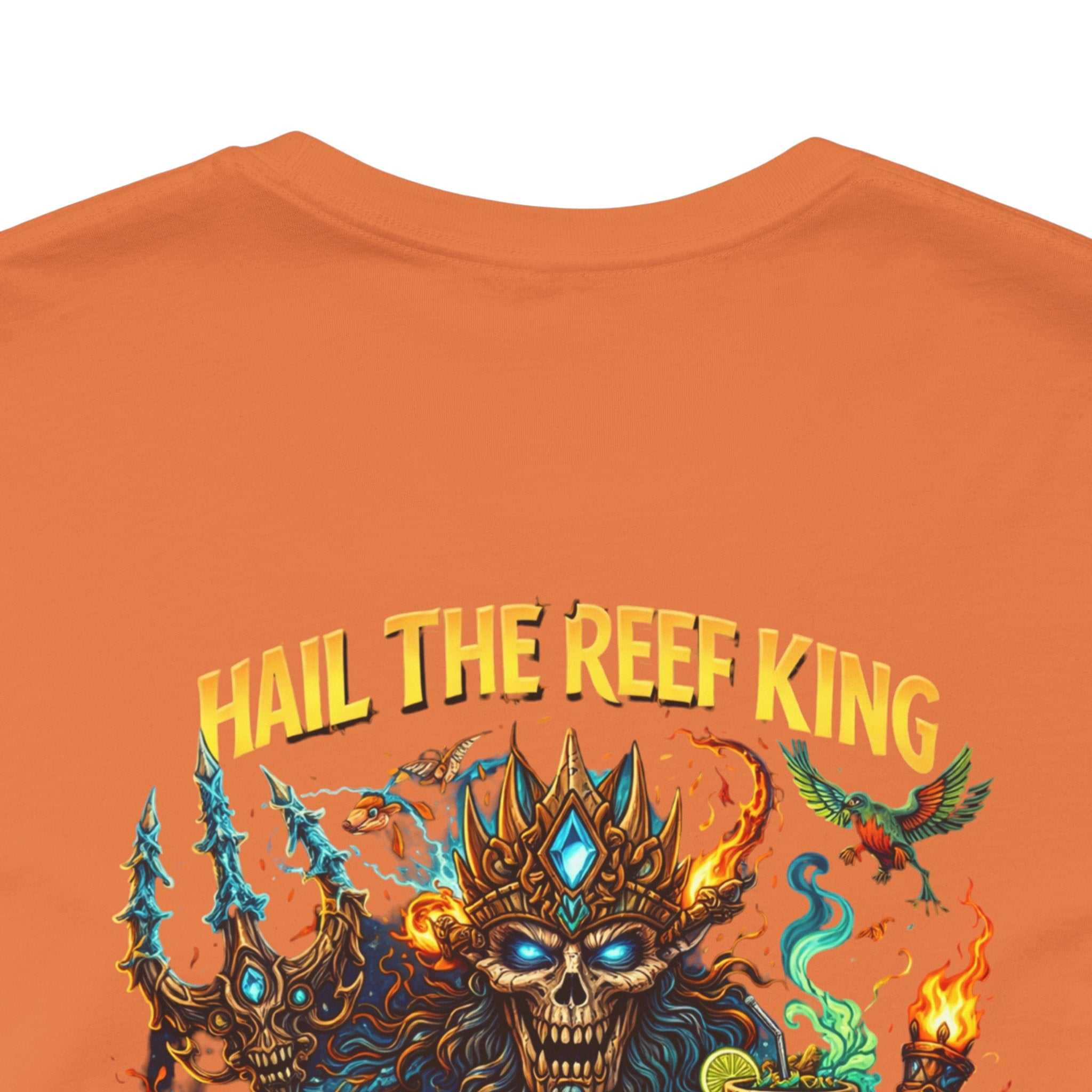 Hail the Reef King T-shirt featuring oceanic fantasy reef king graphic with coral, kelp, flames, and trident on soft cotton tee