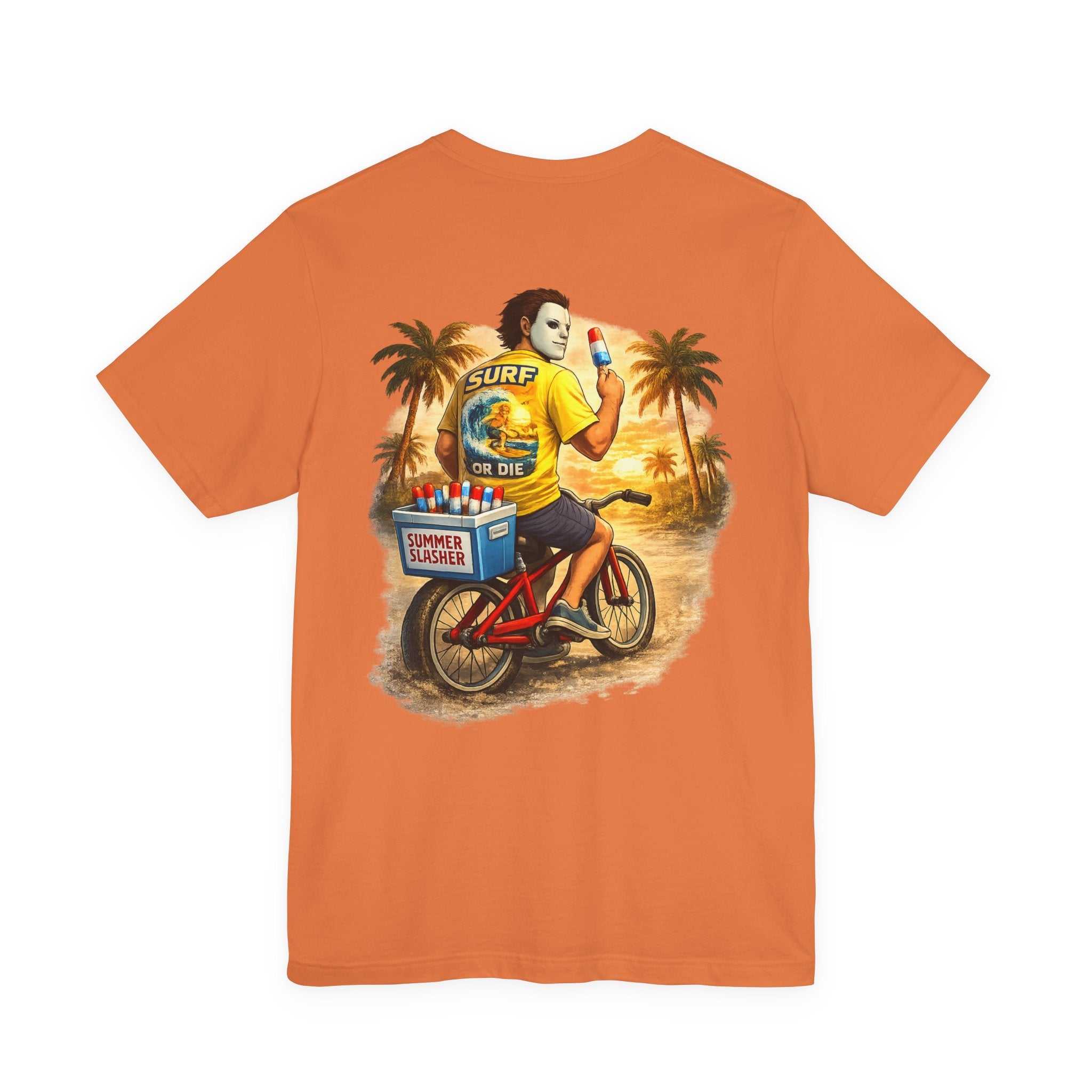 Surf or Die Michael Myers Beach Bike T‑Shirt — Retro Horror Summer Tee