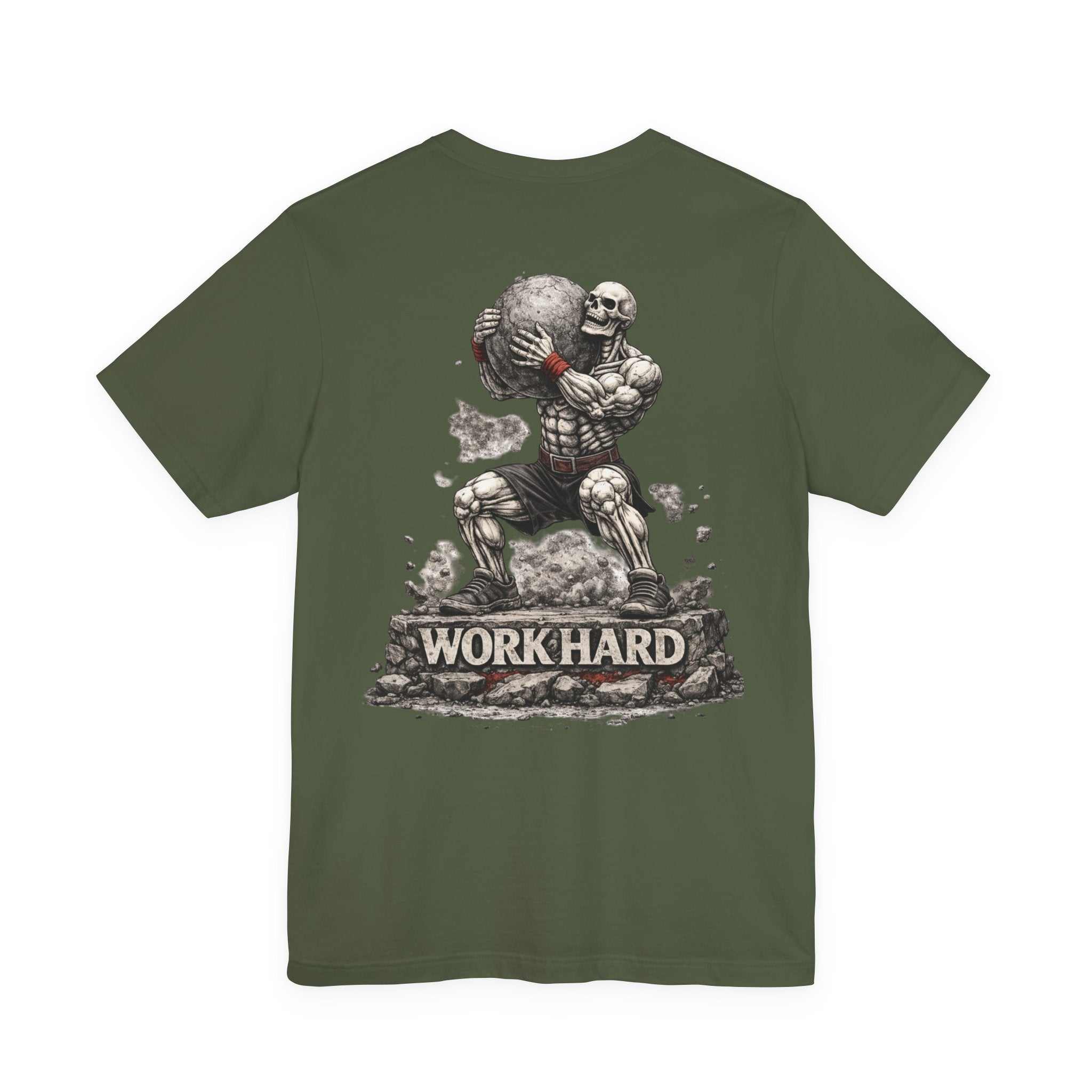Work Hard T-Shirt with Atlas skeleton lifting rock motivational gym design on back