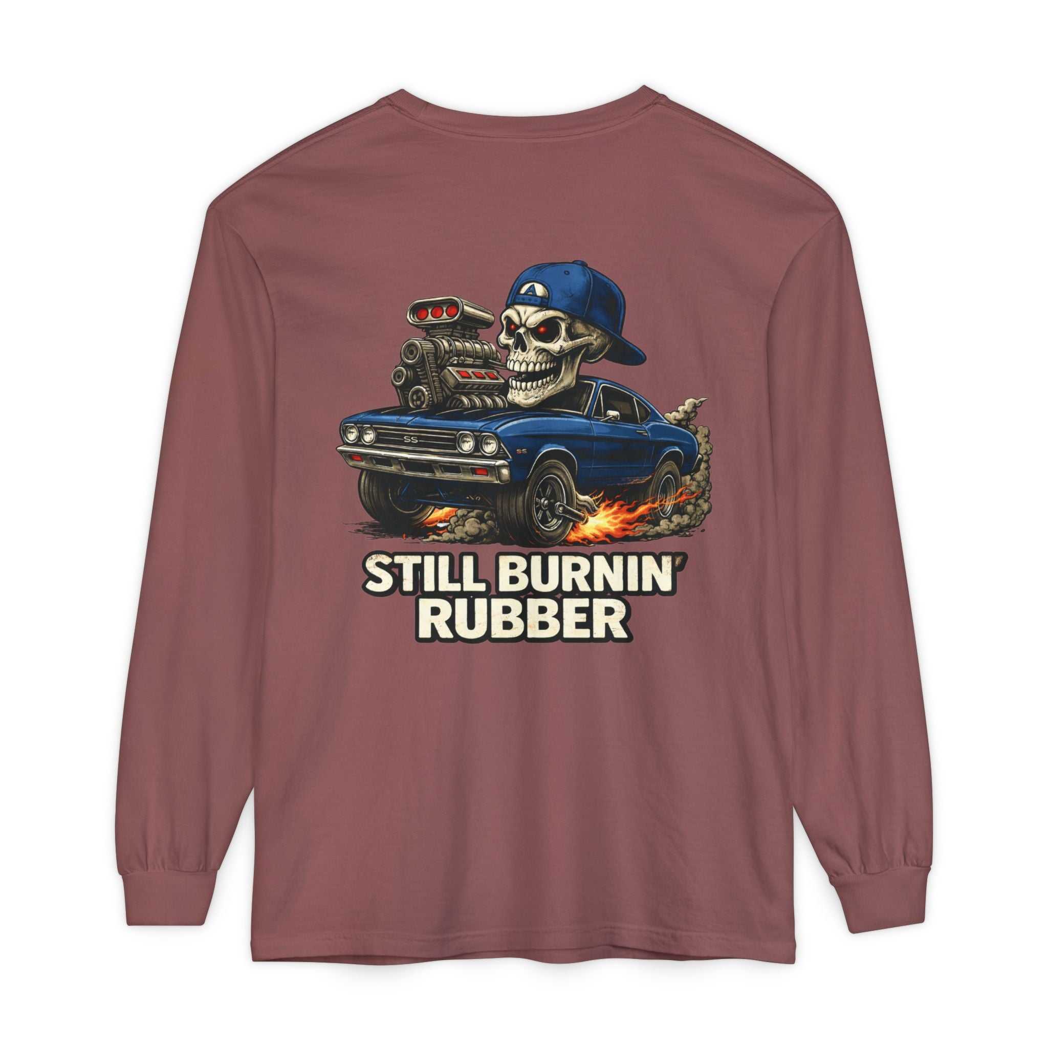 Still Burnin' Rubber Long Sleeve Tee — Retro Skull Muscle Car Graphic