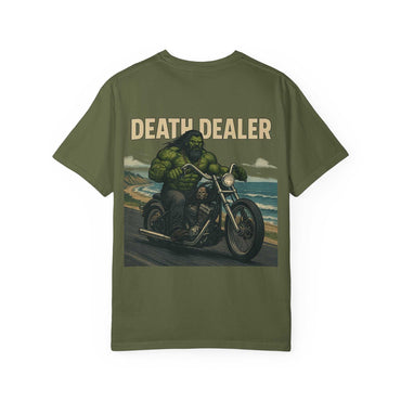 Unisex garment-dyed green t-shirt with Death Dealer Design featuring a muscular biker riding a motorcycle by the coast