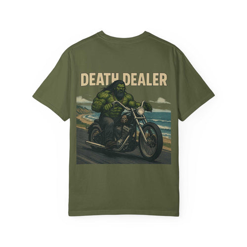 Unisex garment-dyed green t-shirt with Death Dealer Design featuring a muscular biker riding a motorcycle by the coast