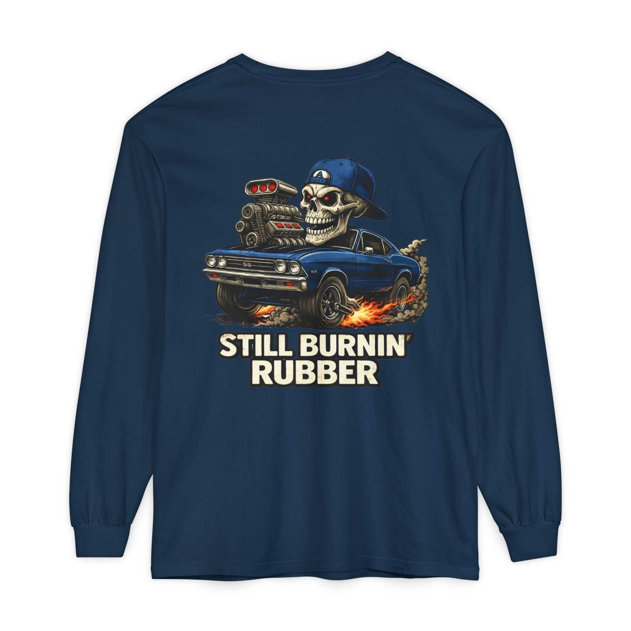 Still Burnin' Rubber Long Sleeve Tee — Retro Skull Muscle Car Graphic