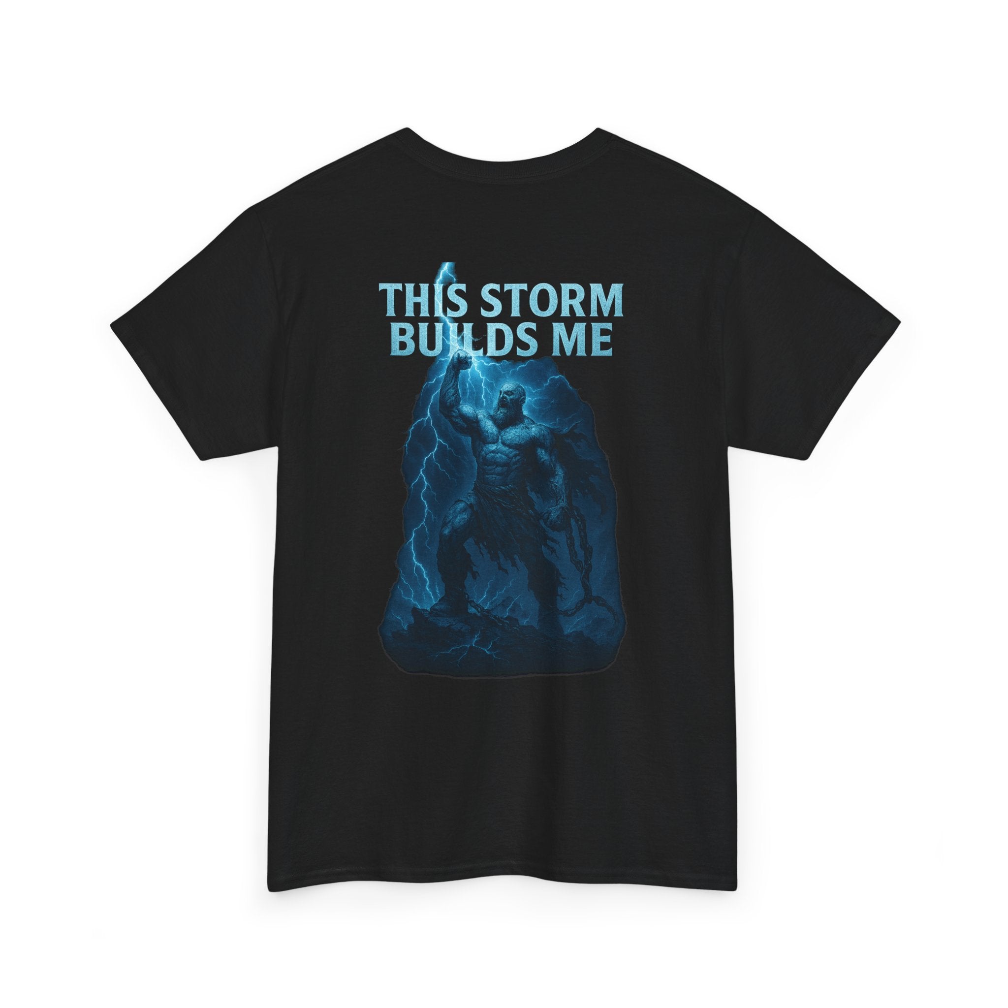 Unisex heavy cotton tee with motivational storm-themed design and size guide table