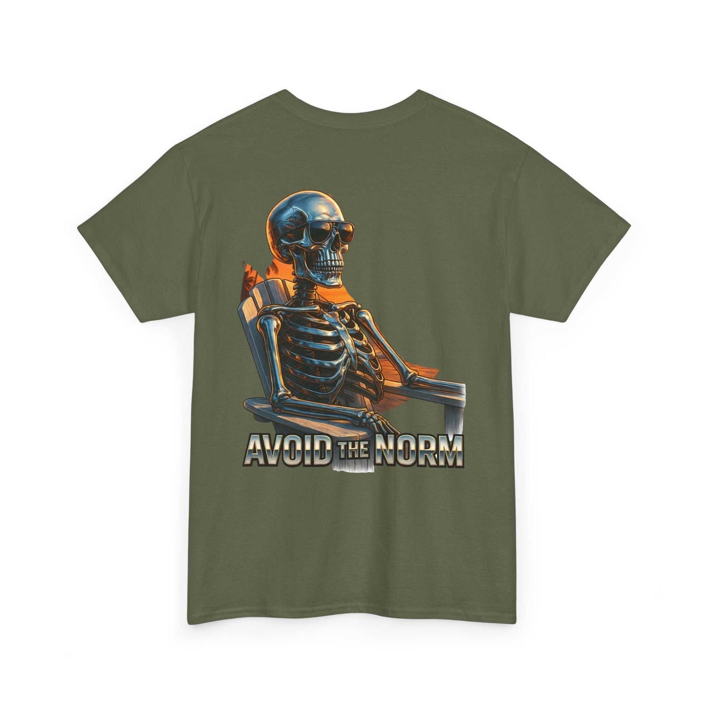Olive Beach Vibes Tee with skeleton lounging in chair and "Avoid the Norm" text on back