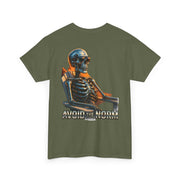 Olive Beach Vibes Tee with skeleton lounging in chair and "Avoid the Norm" text on back