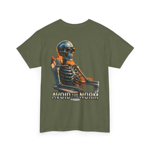 Olive Beach Vibes Tee with skeleton lounging in chair and "Avoid the Norm" text on back