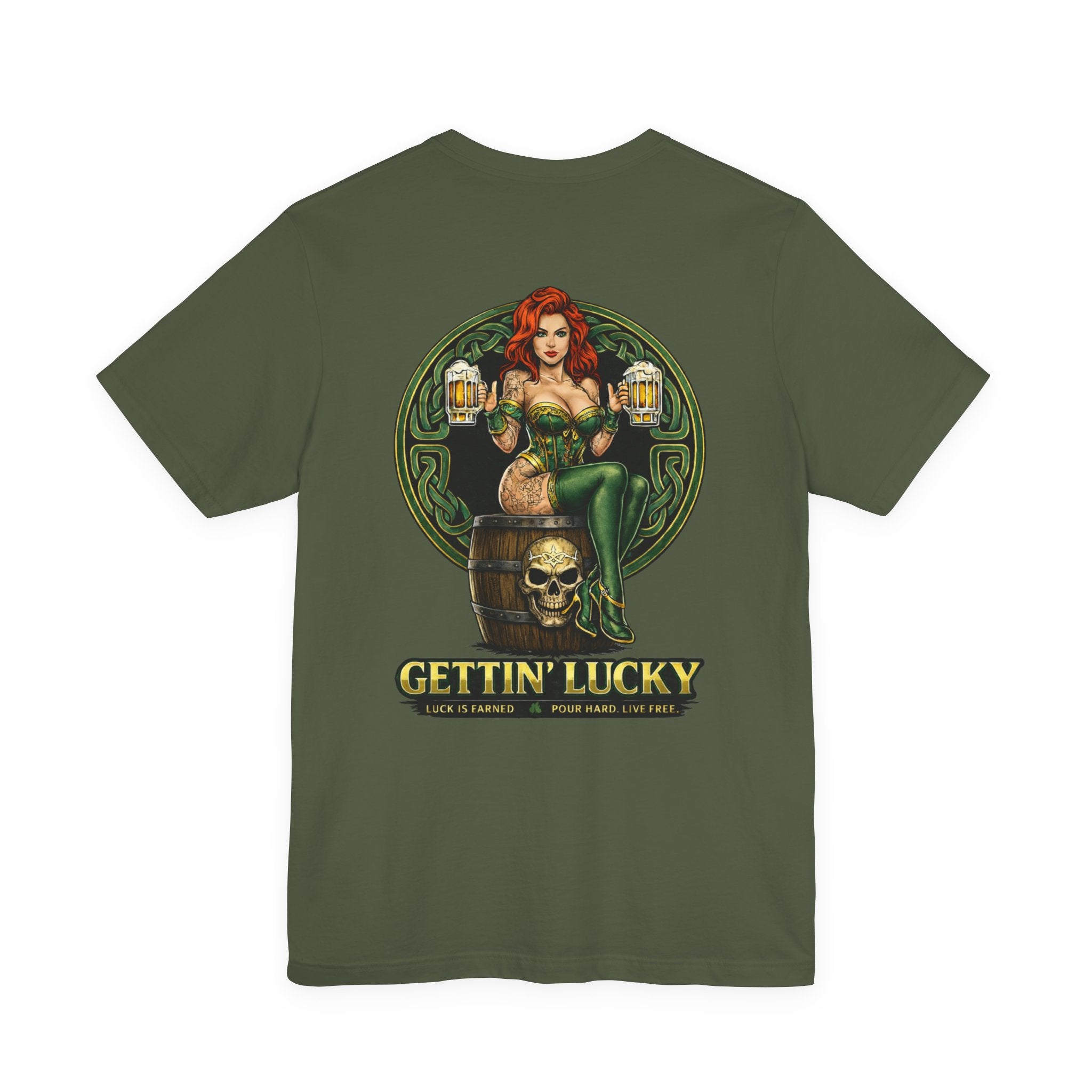 Gettin' Lucky St. Patrick's T-Shirt — Pinup Skull Irish Beer Graphic Tee