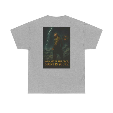 Grey Inspirational Quote Tee with motivational artwork and text "No matter the odds, glory is yours" on back