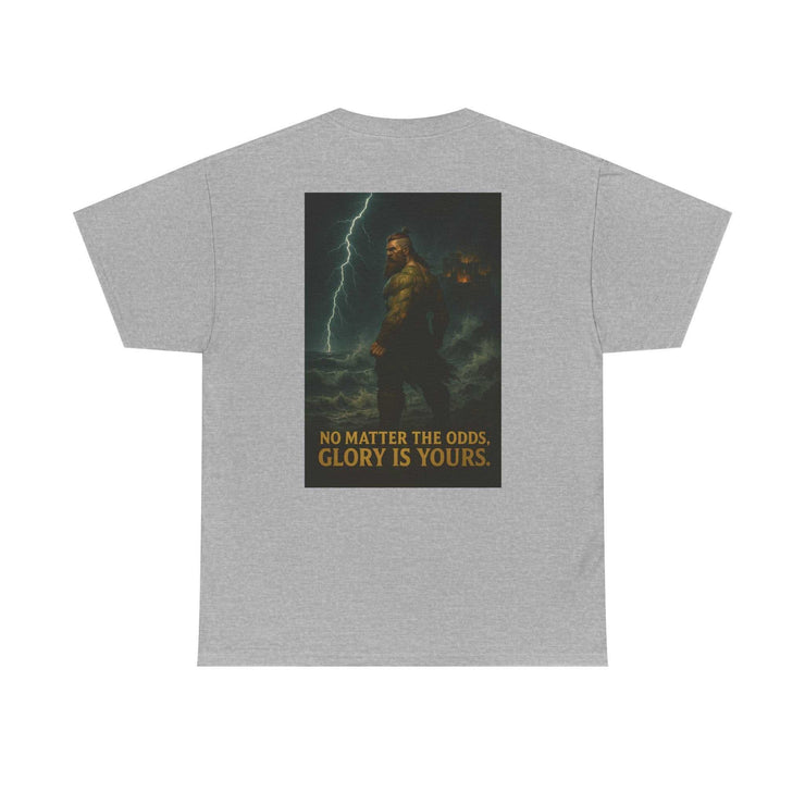 Grey Inspirational Quote Tee with motivational artwork and text "No matter the odds, glory is yours" on back