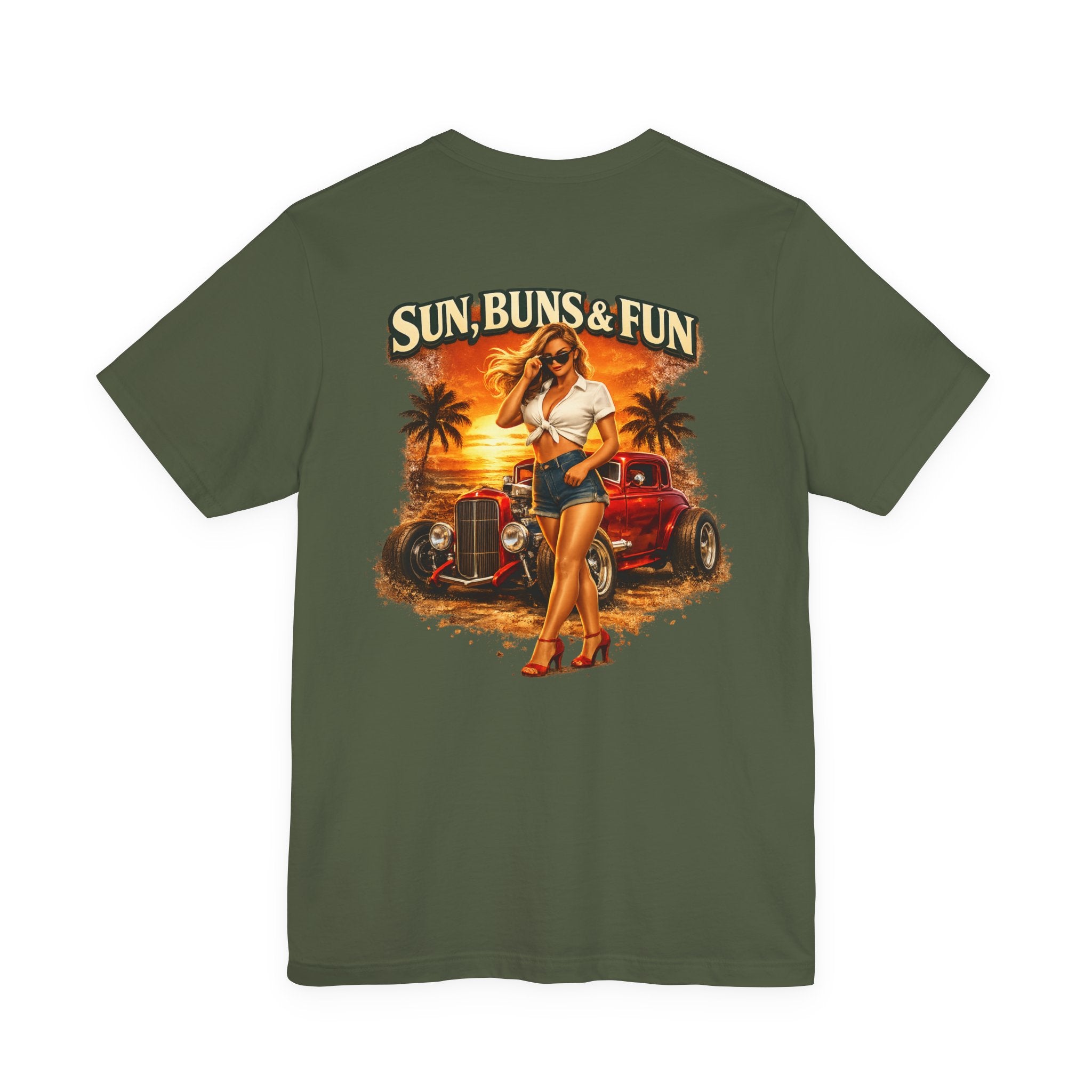 Sun, Buns & Fun Retro Pinup Tee – Vintage Hot Rod Beach T-Shirt