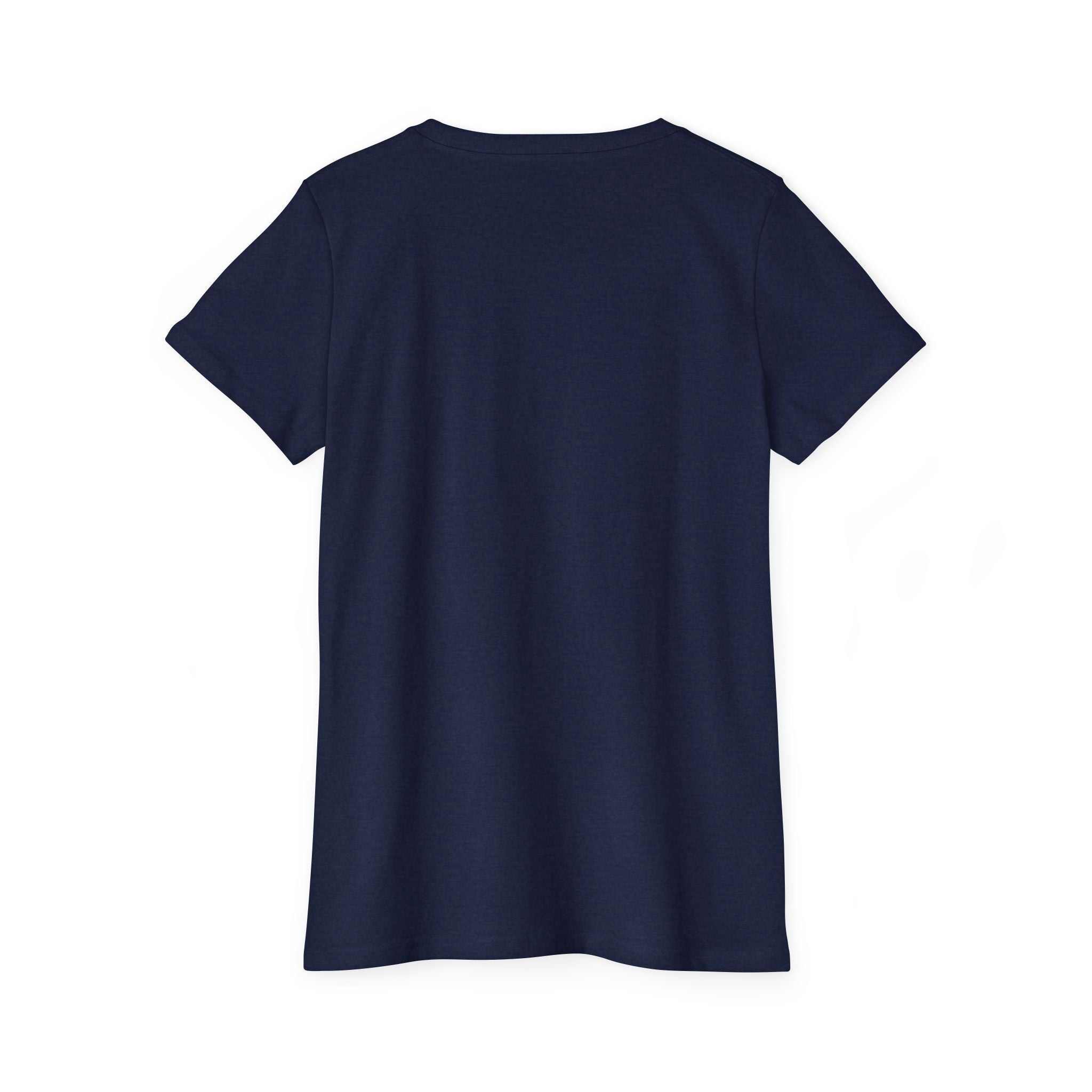 Back view of navy blue women's organic cotton t-shirt with short sleeves and ribbed collar