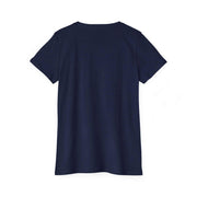 Back view of navy blue women's organic cotton t-shirt with short sleeves and ribbed collar