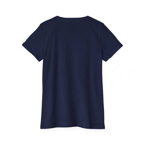 Back view of navy blue women's organic cotton t-shirt with short sleeves and ribbed collar