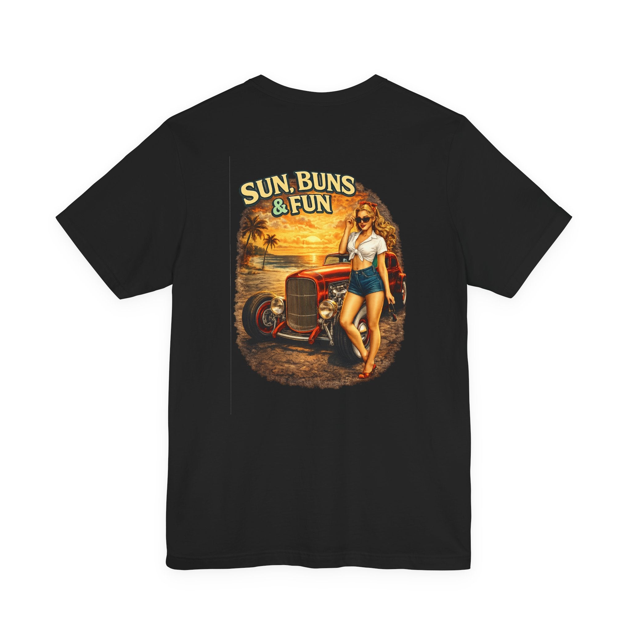 Sun, Buns & Fun Tee — Retro Pin-Up Hot Rod Beach T-Shirt