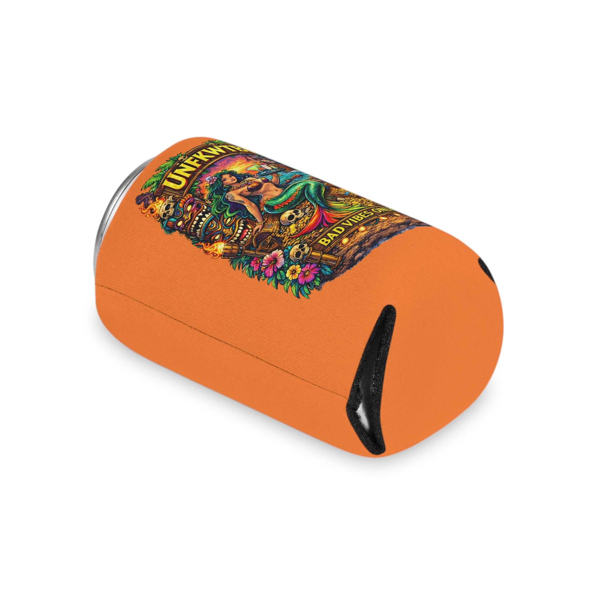 Tropical mermaid themed can cooler with 'UNFKWTBL Bad Vibes Only' and 'Stay Cold' design keeping canned drinks cold and stylish
