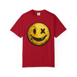 Distressed yellow smile face t-shirt with grunge smiley graphic and relaxed fit