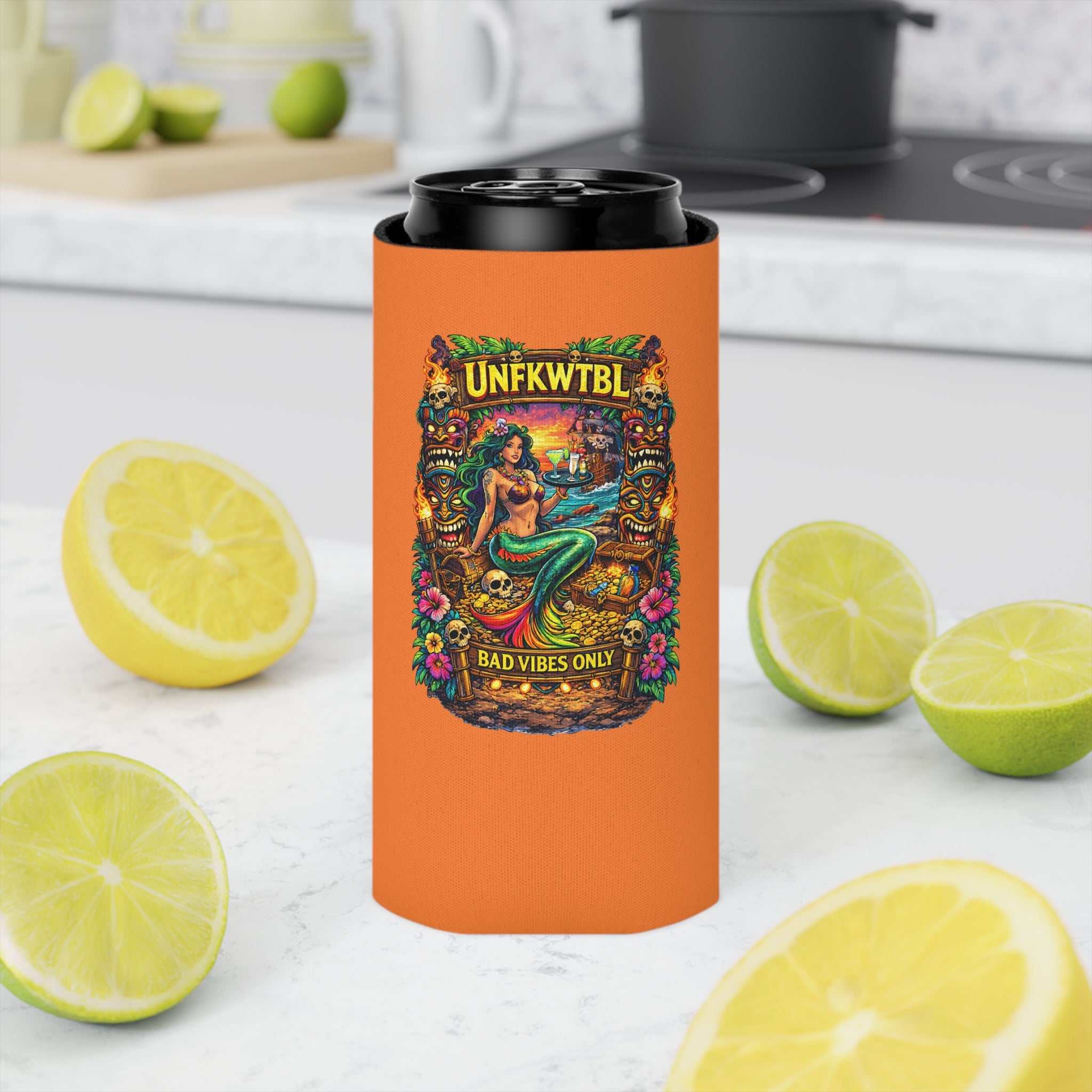 Tropical mermaid can cooler with bold prints and insulation for cold canned drinks