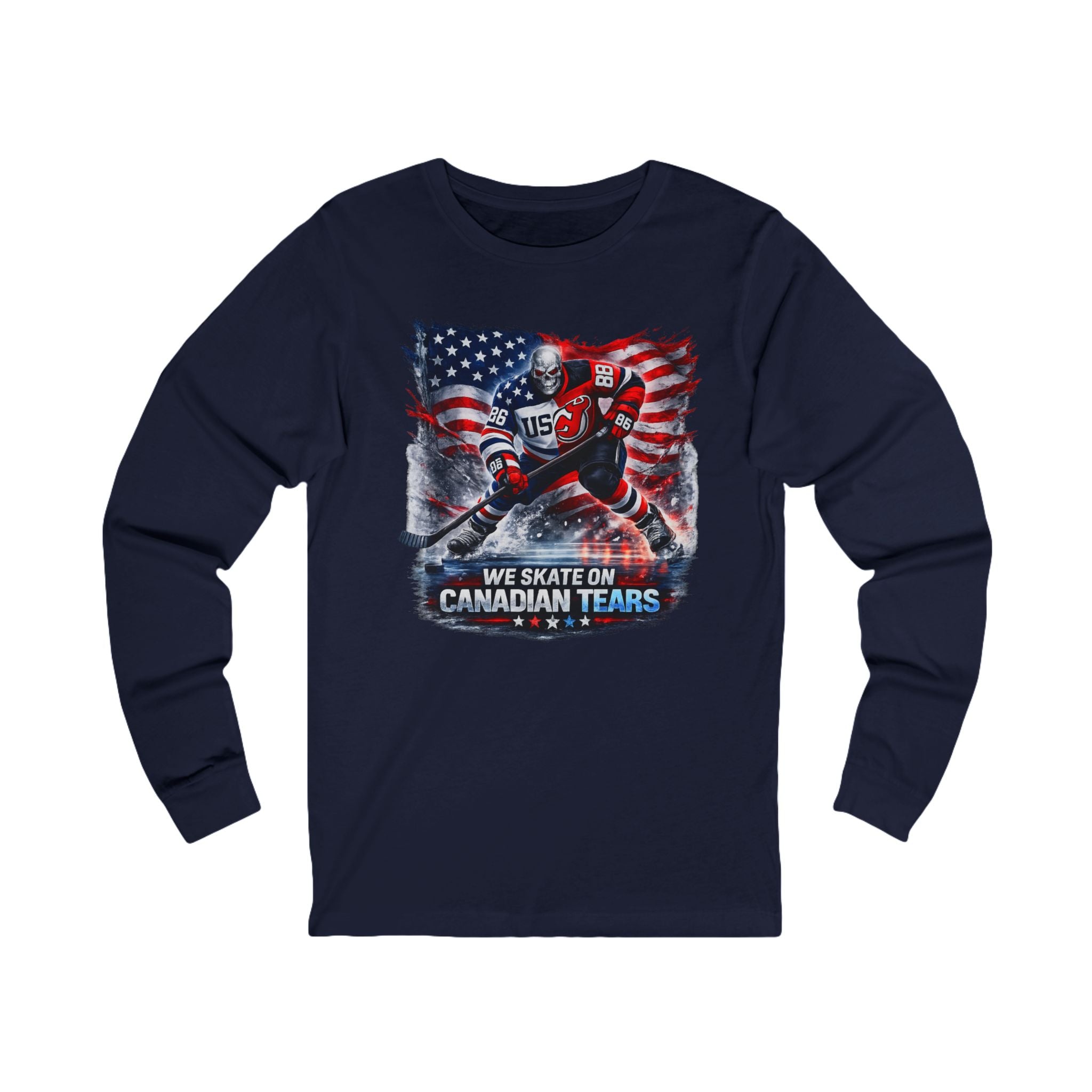 Hockey Long Sleeve Tee — We Skate on Canadian Tears (USA Flag Graphic)