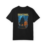 Black Sentinel how it began T-shirt with vintage badge design and graphic print on back, casual street style tee for men and women