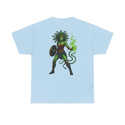 Unisex light blue tee featuring Medusa as Wonder Woman with green glowing whip design.