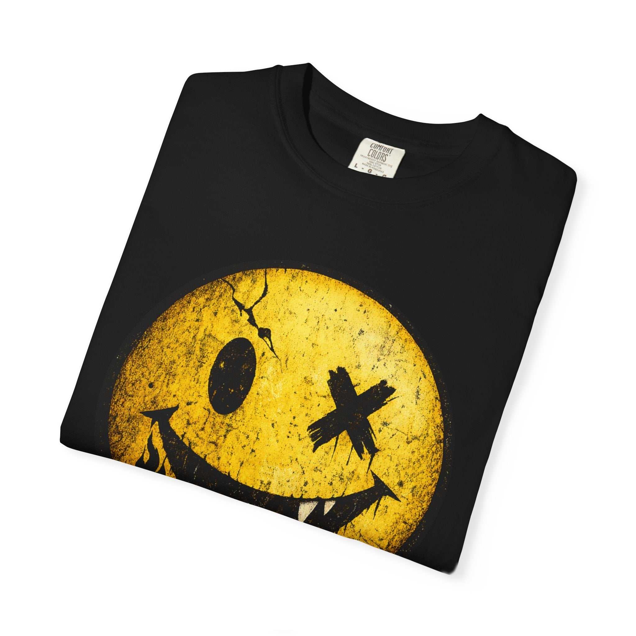 Grunge Smiley Tee — Distressed Yellow Smile Face T-Shirt