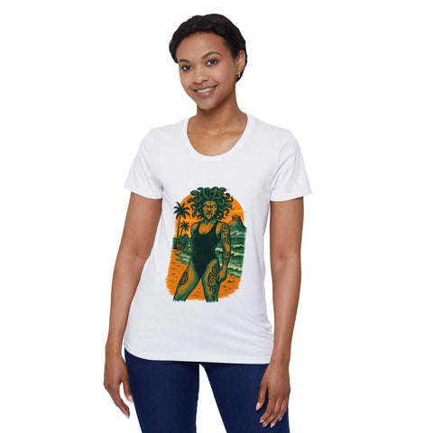 woman wearing white Bohemian Goddess Organic T-Shirt with vibrant tattooed goddess design on front