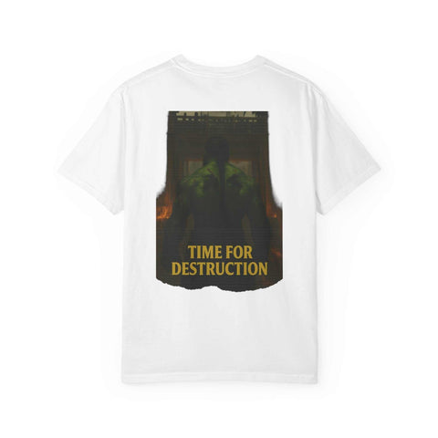 White casual unisex t-shirt with vintage "Time for Destruction" graphic on back, soft garment-dyed cotton, relaxed fit