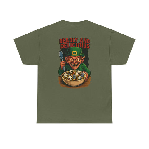 Olive green T-shirt with a sinister leprechaun eating skull-themed cereal, dark humor design for horror and St. Patrick&